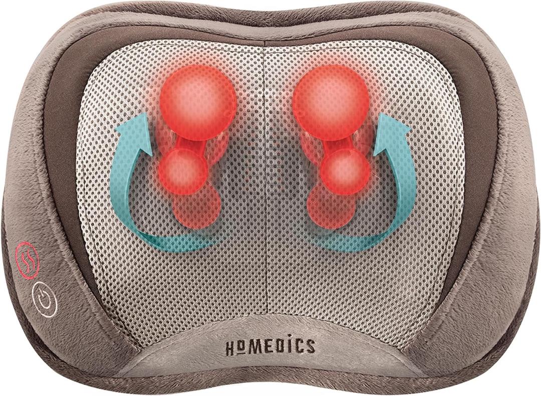 Homedics Back and Neck Massager, Portable Shiatsu All Body Massage Pillow with Heat, Targets Upper and Lower Back, Neck and Shoulders. Lightweight for Travel (Tan)