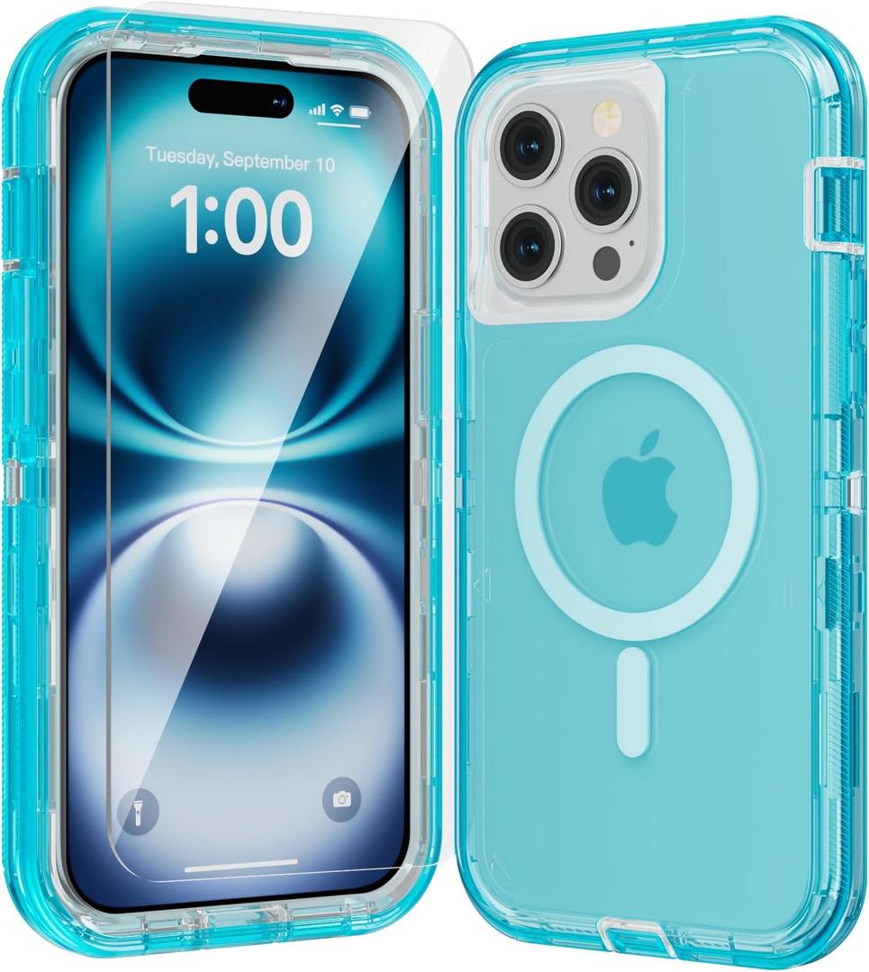 for iPhone 14 Pro Max Case, Fits Magsafe,Heavy Duty Shockproof Protection Phone Cases with Screen Protector*1, Magnetic Transparent Protective Cover for iPhone 14 ProMax 6.7 '', Blue