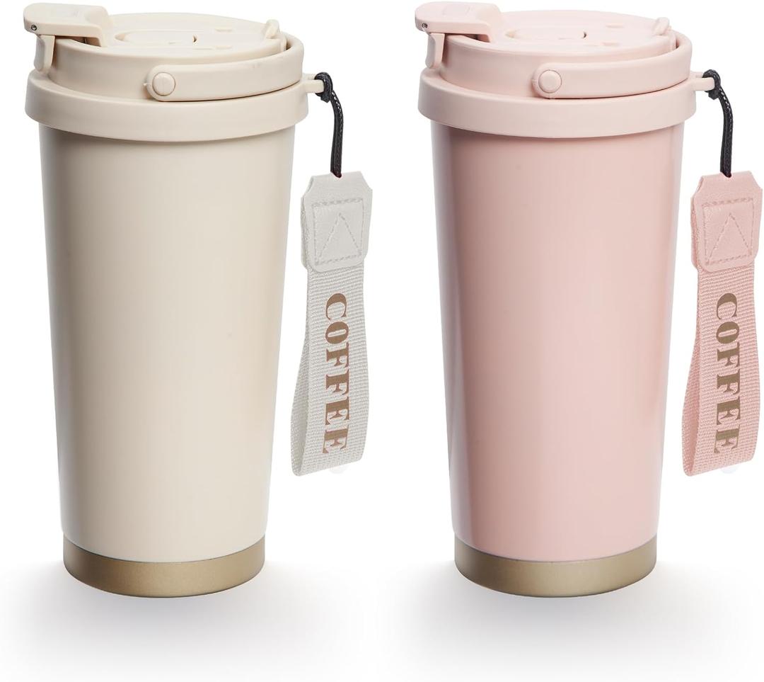 Sinekequnsun 2 Pack 17oz Insulated Coffee Mug, Leakproof Travel Coffee Tumblers With Strap, Vacuum-Insulated Stainless Steel Reusable Coffee Cup for Hot & Cold Drinks (Beige,Pink)
