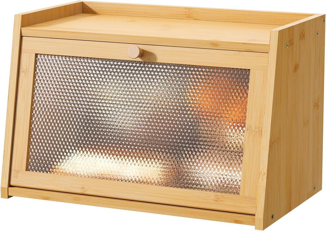 Wieghda Large Farmhouse Bread Box with Window  Natural Wood Bread Storage Container for Kitchen Countertop