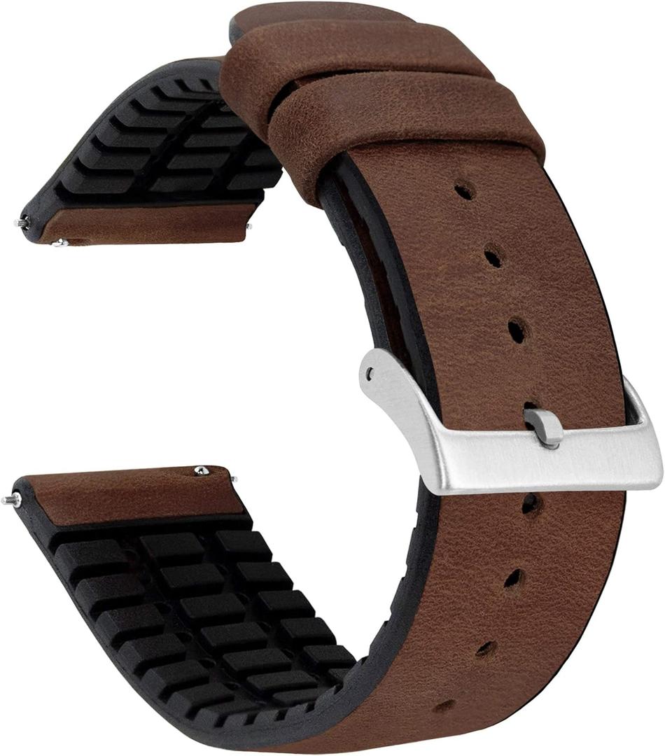 BARTON Leather and Rubber Hybrid Straps with Integrated Quick Release Spring Bars - 316L Stainless Steel - Choose Color - 18mm, 20mm & 22mm Watch Bands (Walnut)