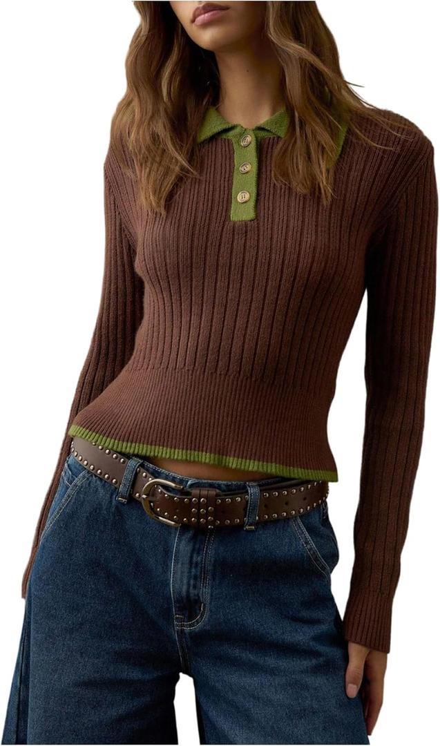 WDIRARA Women's Quarter Button Collared Sweater Long Sleeve Pullover Knit Tops Vintage Knitwear (Brown, M)