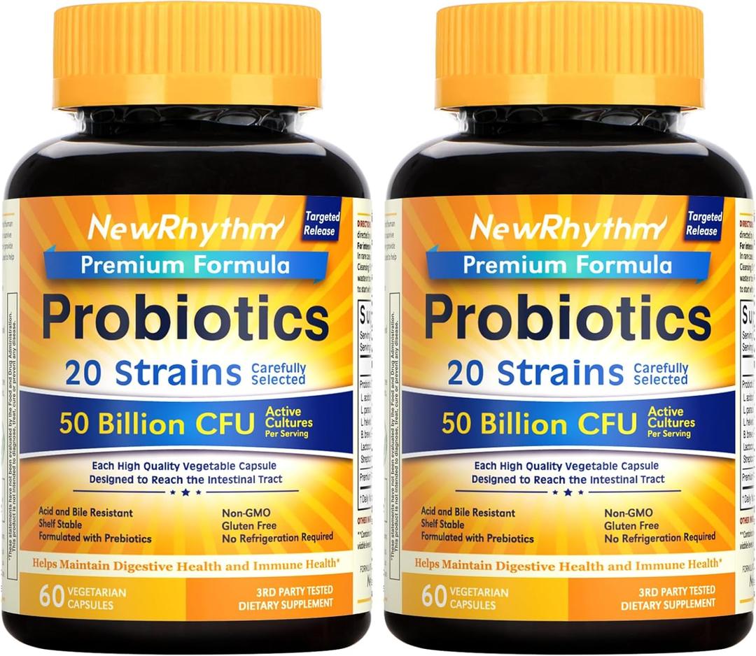 NewRhythm Probiotics 50 Billion CFU 20 Strains, 120 Veggie Capsules, Targeted Release Technology, Stomach Acid Resistant, No Need for Refrigeration, Non-GMO, Gluten Free