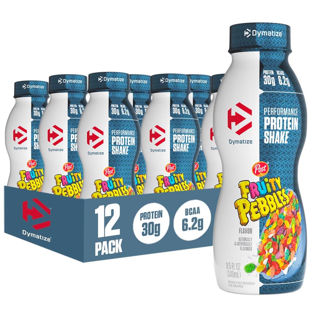 Dymatize Performance Protein Shake, Fruity Pebbles, 30g Protein, 6.2g BCAA for Muscle Recovery, No Added Sugar, Low Fat, 24 Vitamins and Minerals, Gluten-Free, Ready to Drink, On-the-Go Snack, 11.5fl oz, 12 pack (BB-20OCT2026)