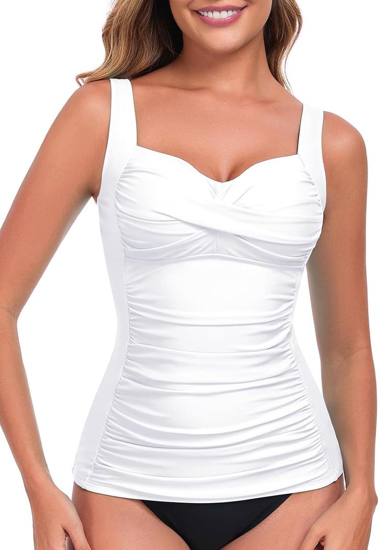 RELLECIGA Women's Tummy Control Tankini Top Twist Bathing Suit Top Ruched Swimsuit (White, M)