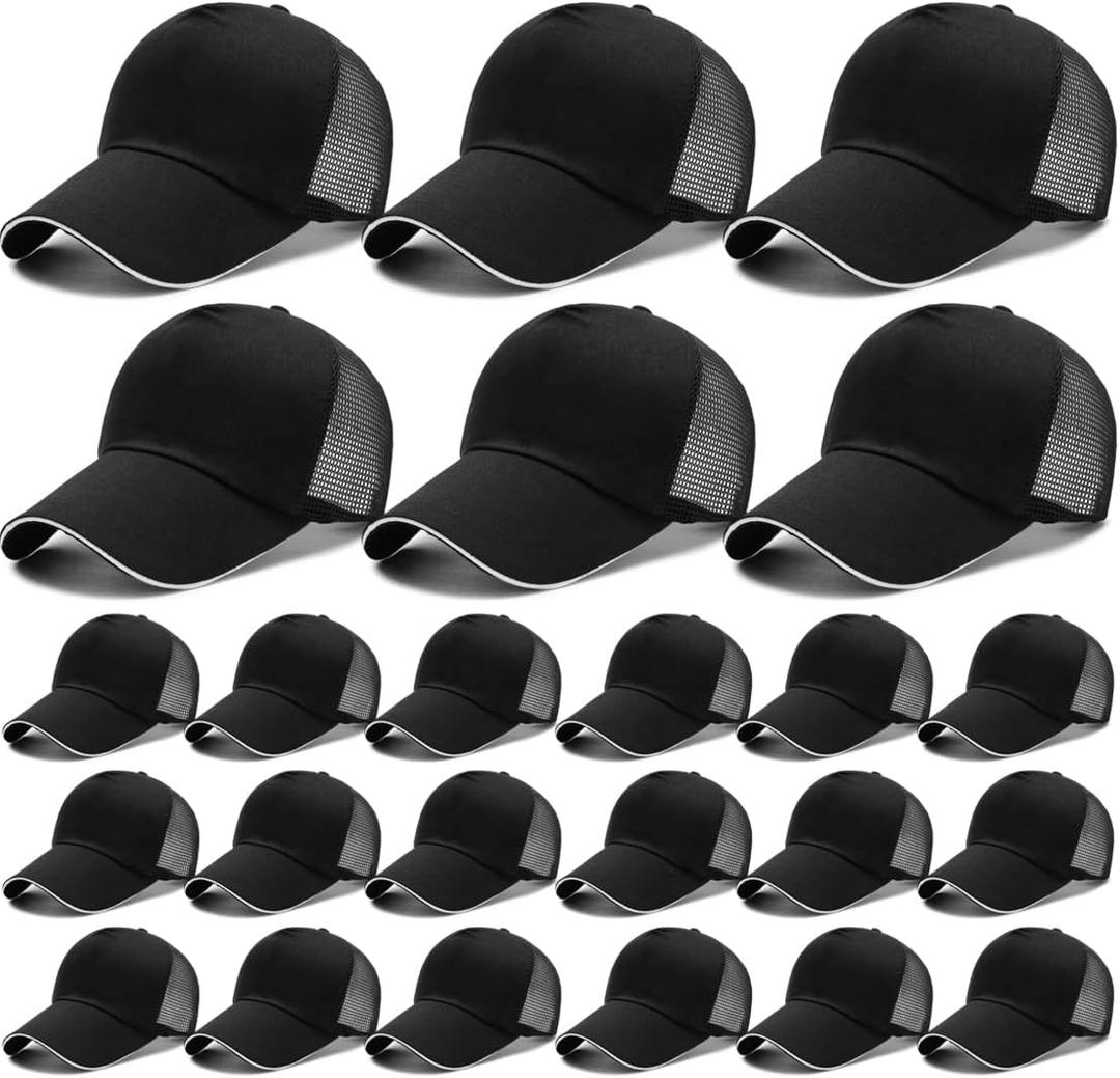 24Pack Baseball Cap Blank Trucker Hats Bulk Wholesale Hats Adjustable Plain for Men Women (Black)