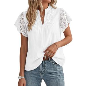 GRACE KARIN Womens Lace Short Sleeve Tops Summer Dressy Casual Cotton Blouses Flowy V Neck Dress Shirts Trendy Clothing 2026, M