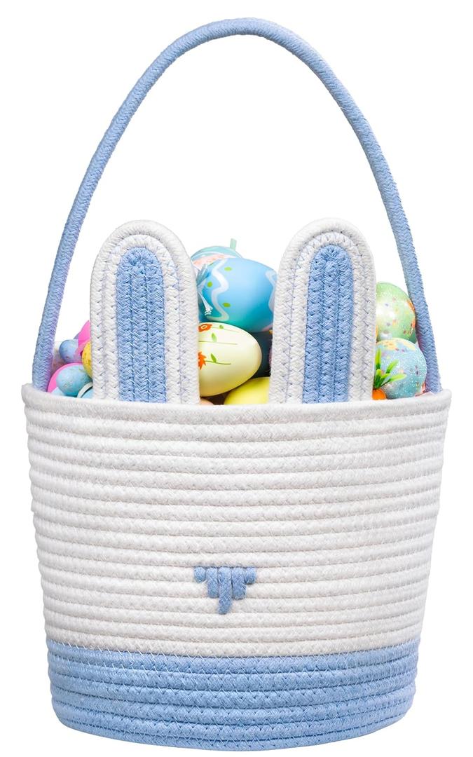 UBBCARE Easter Bunny Basket, Blue Gift Baskets for Eggs Hunting, Woven Rope Personalized Easter Basket for Toddler, Baby, Boys, Girls (Big-9.8 x 7.8 x 7.8)