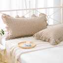 2 Pack Taupe White Plaid Gingham Ruffle Pillow Shams Standard Size, 100% Washed Cotton Checkered Farmhouse Pillow Covers for Bed/Sofa Envelope Closure - 20''x26''