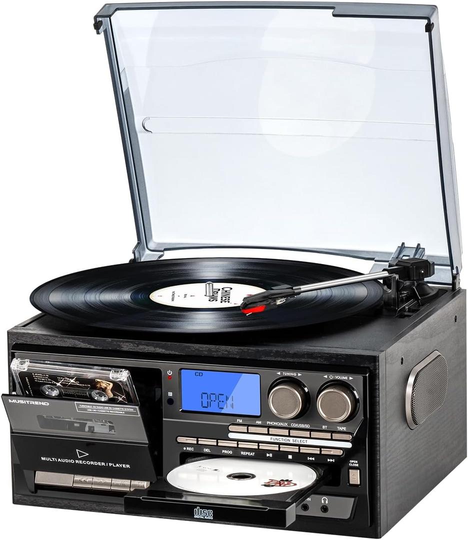 9-in-1 Vintage Bluetooth Record Player for Home Entertainment, 3-Speed Turntable with AM/FM Radio, CD & Cassette, USB/SD/MMC Input, Built-in Stereo Speakers, Remote Control, Aux in & RCA Line Out