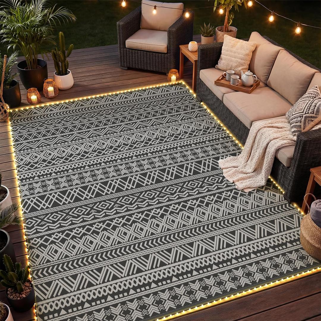 MontVoo-Outdoor Rug Carpet 8x10 ft for Patio RV Camping with Led Strip Lights Waterproof Plastic Straw Rug Reversible Portable Outside Indoor Outdoor Rug Mat for Patio Decor Balcony Picnic-Boho Rug