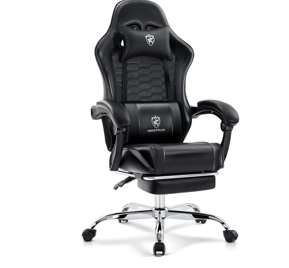 Gaming Chair, Computer Office Chair with Footrest, Massage Lumbar Support and Gel Pad, Ergonomic Reclining Adjustable Leather Gamer Chair with Headrest and Spring Cushion Black