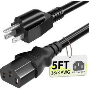 3 Prong AC Power Cord Cable 5ft 10 Amps 125 Volts 18AWG, NEMA 5-15P to C13, Black PC Power Cable for TV, Computer, Monitor, Printer, PlayStation, HP, Dell, Lenovo, Apple, Asus-ETL Listed