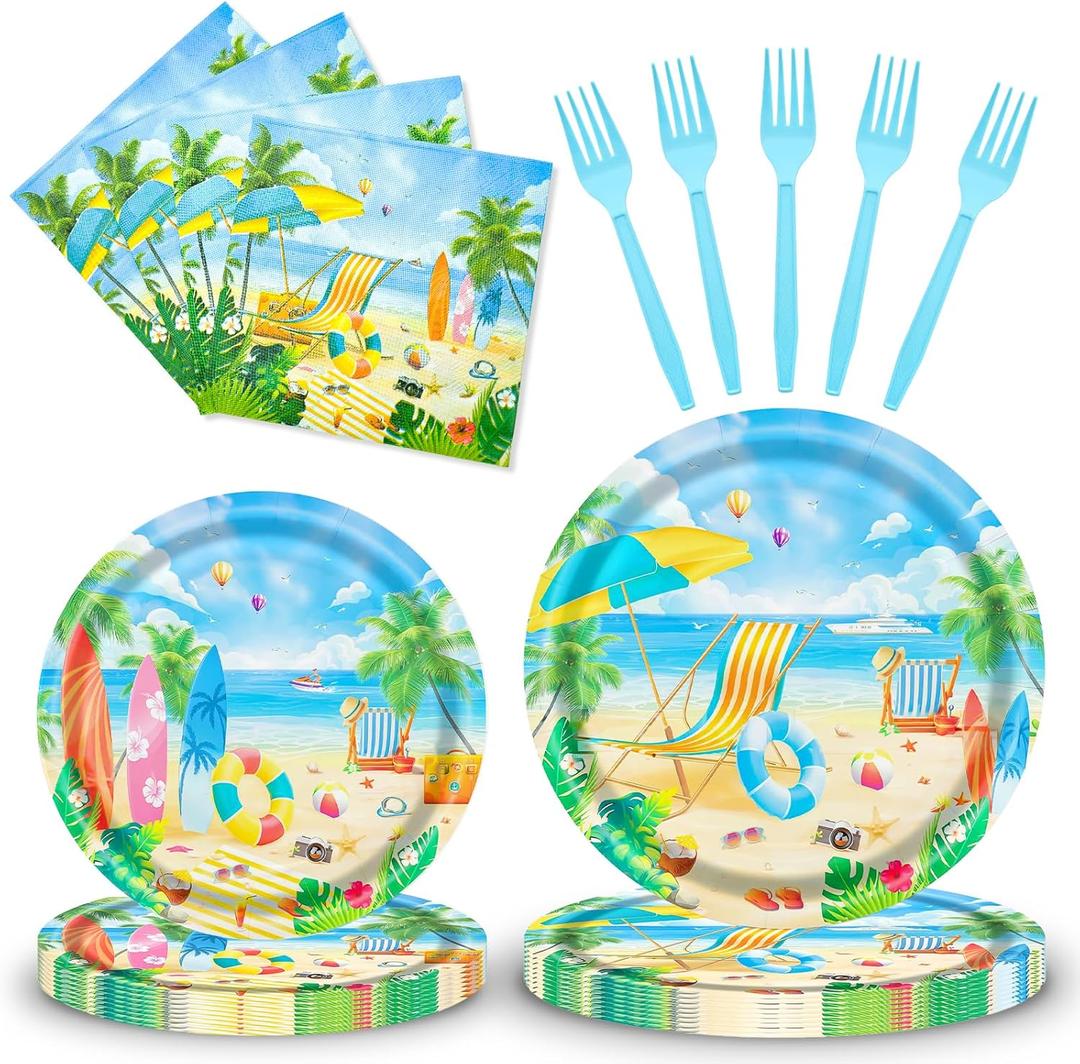 96 Pieces Summer Beach Plates and Napkins Set, Tropical Disposable Tableware with Paper Plates Napkins and Forks for Pool Party Luau Birthday Picnic, Serves 24