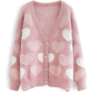 Women's Cute Heart Cardigan Sweaters Love Print Valentin's Day Sweater Button Up Front Oversized Knit Top (Large, Pearl Pink)