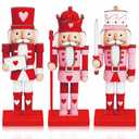 Thyle 3 Pcs Valentine Nutcracker Soldier 7 in Wooden Traditional Valentine Nutcrackers Figures Wood Veneer Tabletop Decoration for Desktop Fireplace Collectible Gifts(Red and Pink)
