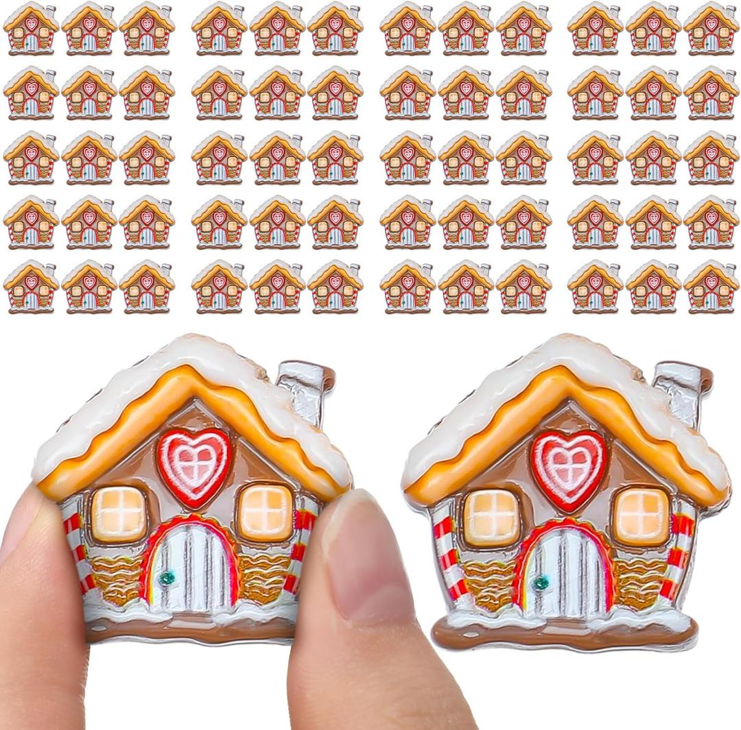 Realspring 60 Pcs Christmas Miniatures for Crafts Gingerbread House Decorations Christmas Miniature Figurines Mini Resin Gingerbread House for DIY Crafts Flatback Embellishment(Classic)