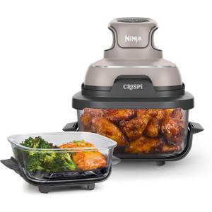 Ninja Crispi Air Fryer, Microwave, Freezer & Dishwasher Safe, Non Toxic Glass Portable Cooking System, 4 QT & 6 Cup Glass Containers with Storage Lids, Easy Meals, Air Fry, Bake, Stone, FN101ST