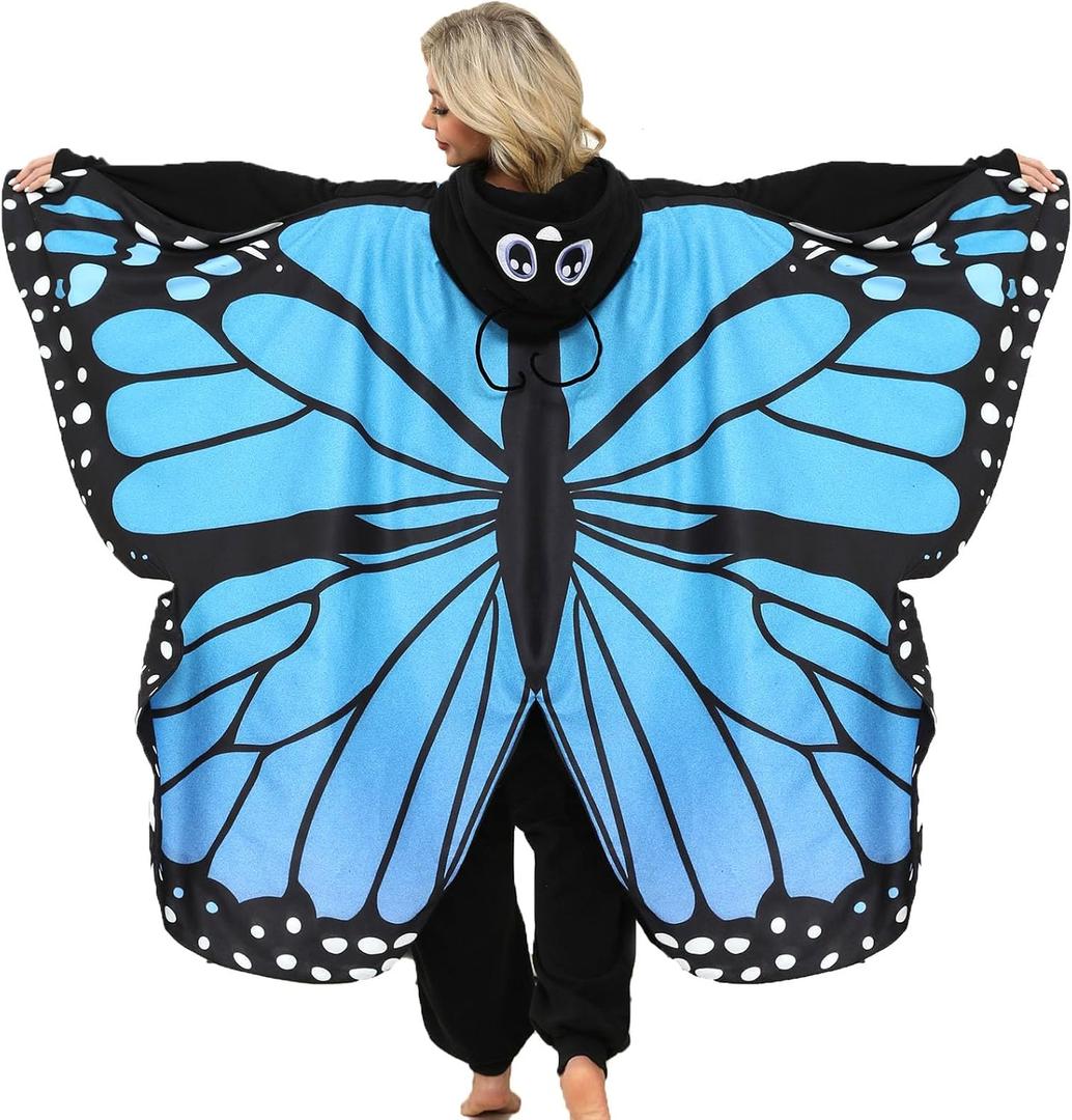 Unisex Adult Onesie Pajamas, Flannel Cosplay Animal One-Piece Halloween Costume Sleepwear Homewear (Large, Blue Butterfly)