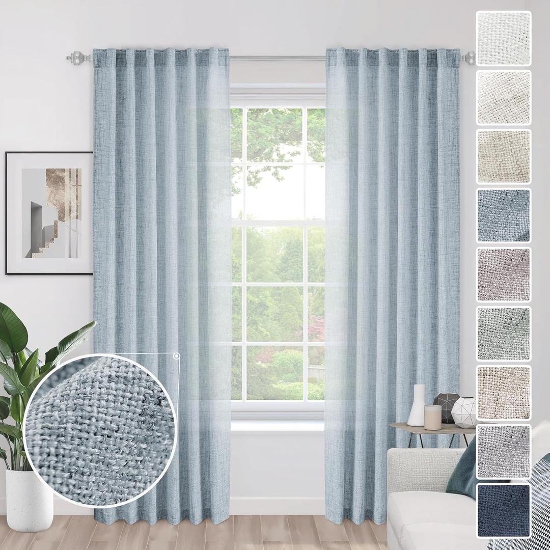 Blue Linen Sheer Curtains 72 Inches Long for Living Room 2 Panel Set Back Tab Light Filtering Privacy Farmhouse Faux Linen Blend Curtain Drapes 72 Length for Window Cabin, Aesthetic Neutral Decor