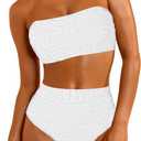 Pink Queen Women 2 Piece Bandeau Swimsuits Strapless Textured Bikini Set High Waisted Bathing Suits (Medium, White)