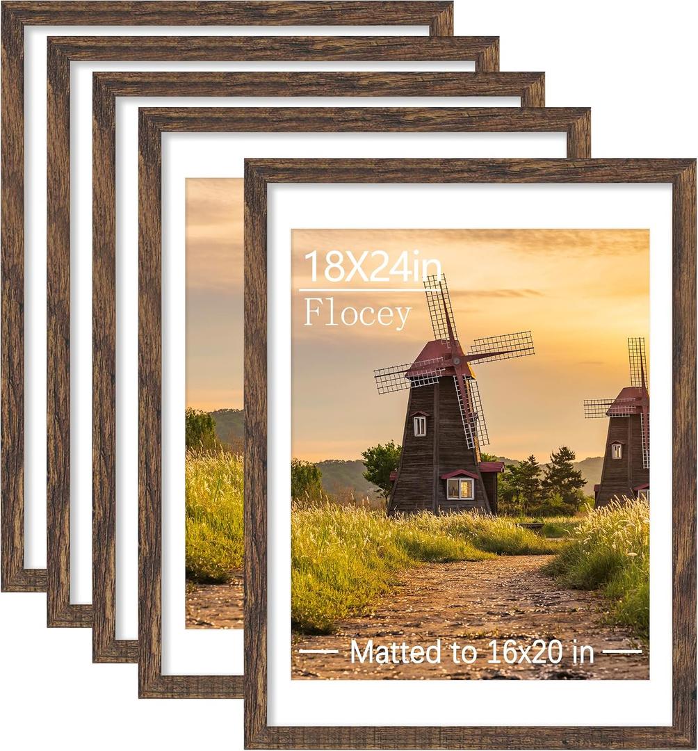 18x24 Picture Frame Set of 5, Rustic Brown Poster Frame, Display Pictures 16 x 20 with Mat or 18 x 24 Without Mat for Horizontal or Vertical Wall Mounting, Wall Gallery Frame for Artwork