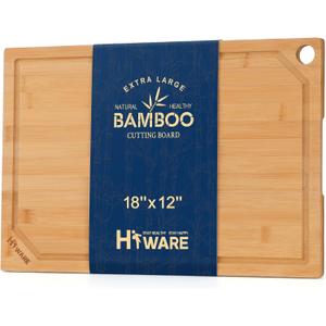 Hiware Extra Large Bamboo Cutting Board for Kitchen, Heavy Duty Wood Cutting Board with Juice Groove, 100% Organic Bamboo, Pre Oiled, 18" x 12" (Natural)