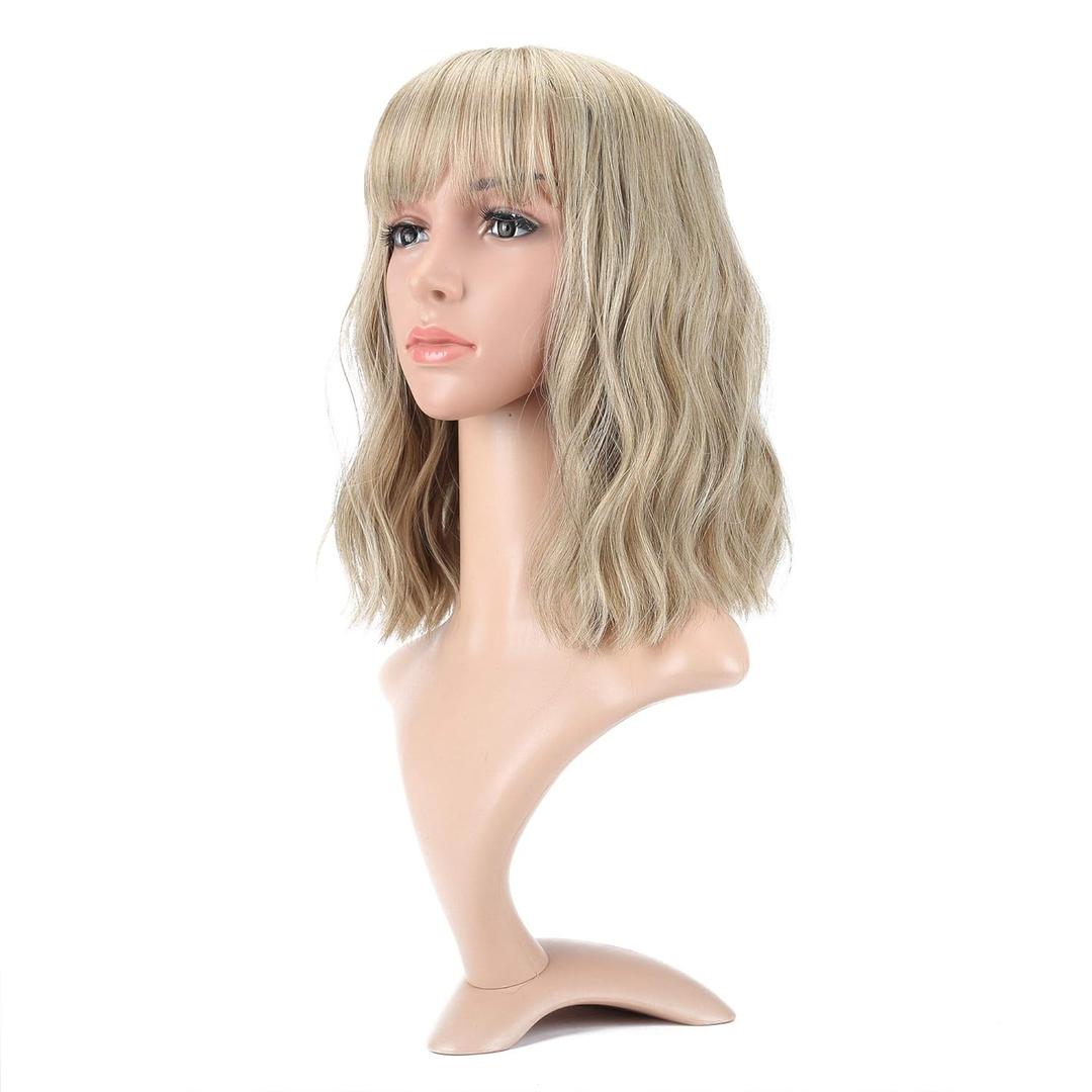 VCKOVCKO Natural Blonde Wigs With Air Bangs for Women - Shoulder Length Curly Wavy Synthetic Wig - Mix Blonde (12")