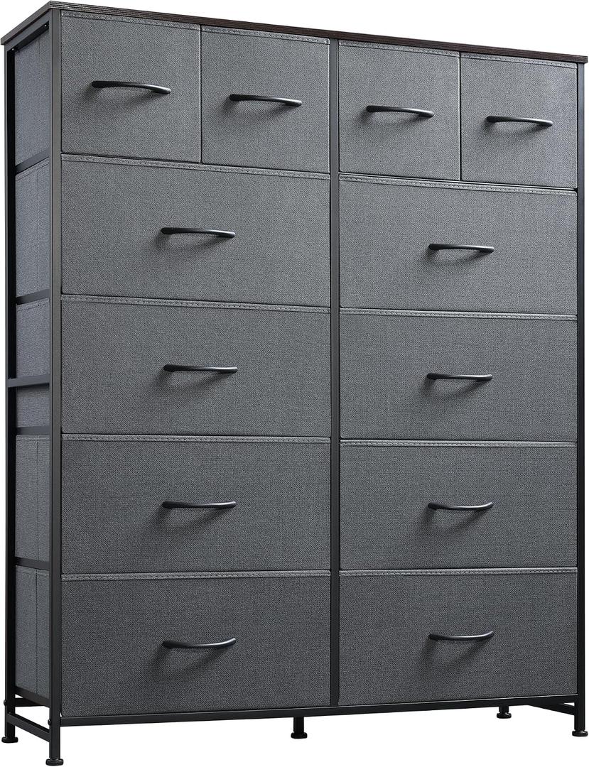 WLIVE Tall Dresser for Bedroom with 12 Drawers, Chests of Drawers, Fabric Dressers for Closet, Living Room, Storage Dresser Organizer with Wood Top, Steel Frame, Dark Grey