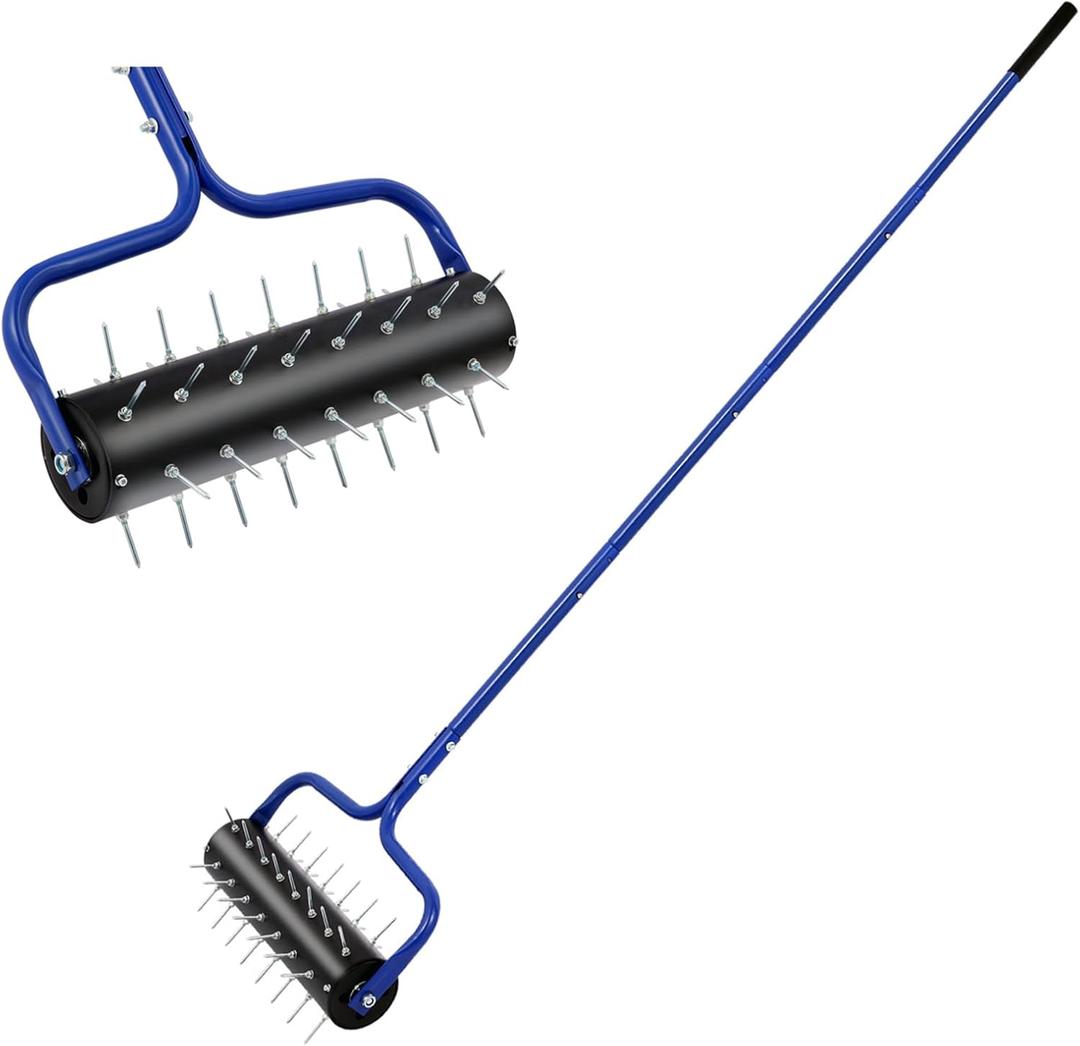Lawn Aerator, 21" Heavy Duty Rolling Aerator Tool,Preasembled Spikes,75" Adjustable Handle with Quick Clip, Stable U-Shape Construction, Blue,Assembly Only Needs 3-5 Minutes.