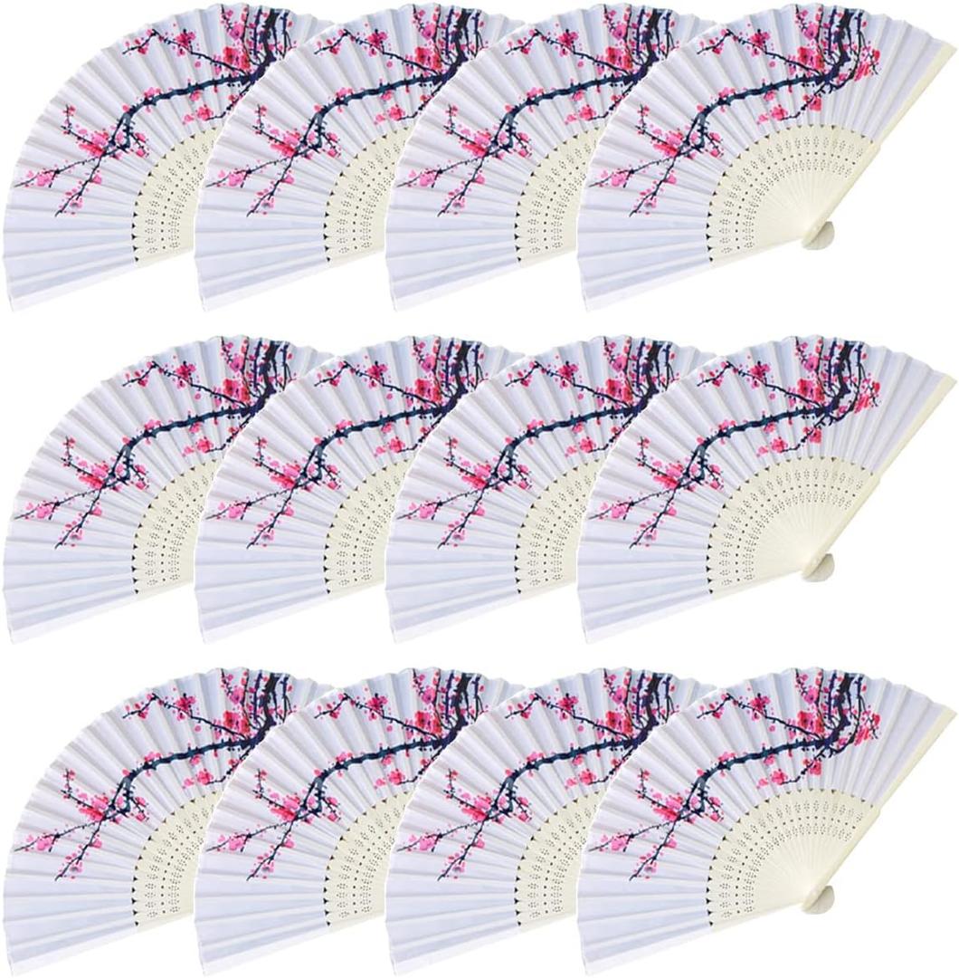 LEFTSTARER 12Pcs Cherry Blossom Folding Hand Fan, Japanese Chinese Cherry Blossom Decor Fan, Decorative Folding Fans for Hibachi Party Mulan Party Decorations Favors (12 pcs)
