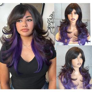 Purple Black Layered wigs with bangs wigs layered wig 28inches synthetic wig with falltering curl ombre color for white women (Black purple)