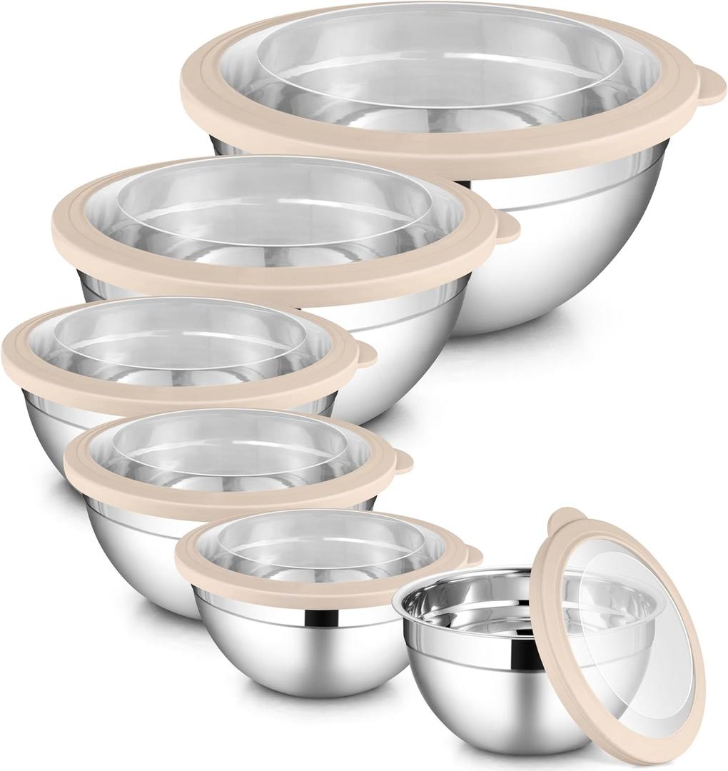 LIANYU 6 PCS Large Mixing Bowls with Visible Lids Set, Size 7, 3.5, 2.5, 2, 1.5, 1QT, Stainless Steel Kitchen Metal Nesting Bowls for Cooking, Baking, Serving, Freezer & Dishwasher Safe, Khaki