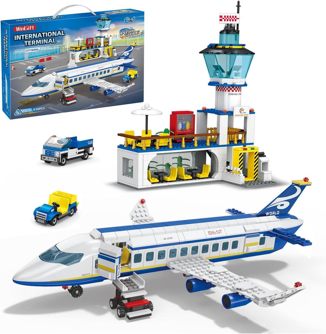 838 Piece Airport Passenger Terminal Building Set-6IN1 Airplane Building Blocks Toy,Creative Building Projects with Shuttle Bus,Baggage Truck,Christmas Birthday Gifts for Girls Boys Ages 6-12+