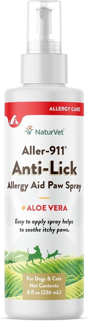 NaturVet Aller-911 Anti-Lick Paw Spray for Dogs & Cats  Includes Aloe Vera  Helps Sooth Itchy Paws, Offers Dog & Cat Allergy Support  Helps Discourage Pet Licking  8 Oz. Spray