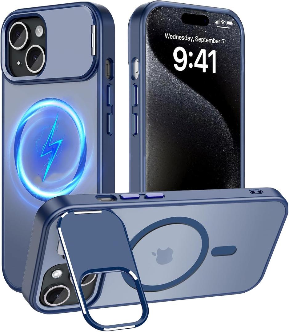 Innaght Magnetic for iPhone 15 Case with Stand,Compatible with MagSafe,Rugged,Heavy Duty,Protective case Kickstand,[Built-in Invisible Stand],Blue