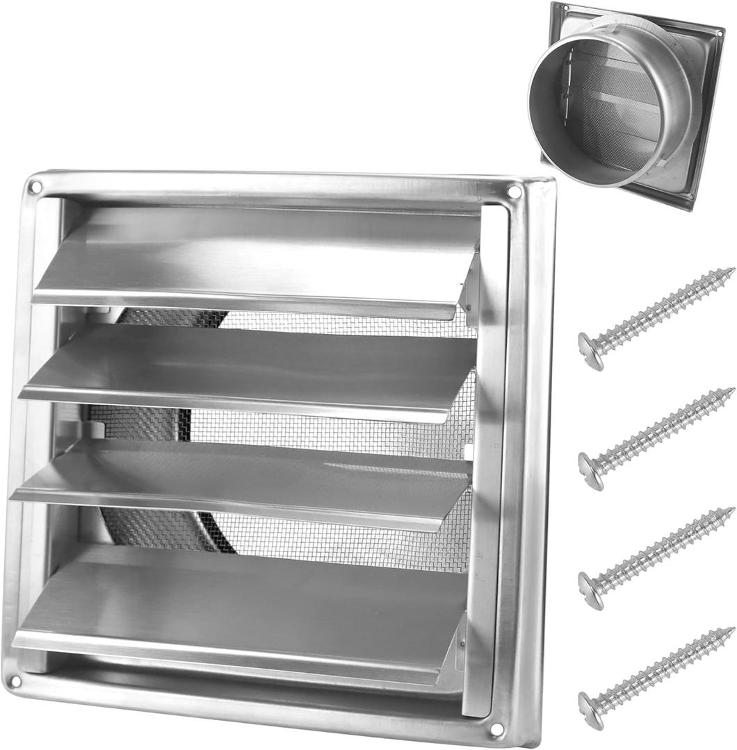 [Upgraded]AMI PARTS 6" Stainless Steel Dryer Vent Cover, Exterior Wall Vent Cover with Metal Mesh Screen and Louvre for AC Vent, Range Hood Vent, Dryer Vent