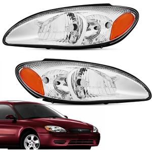 For 2000 2001 2002 2003 2004 2005 2006 2007 Ford Taurus Headlight Assembly Replacement for 00-07 Taurus Head Lights Driver and Passenger Side, Chrome Housing Amber Reflector