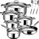 Cookware Set - 15 Piece Stainless Steel Cookware Set, Includes 6 Pots and Pans, 6 Lids and 3 Utensils, Fixed Handles, Induction Safe and Dishwasher Safe