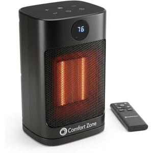 Comfort Zone 1500W Oscillating Desktop Heater Portable Ceramic Space Heater with Remote, Digital Thermostat (50F-90F), ECO Mode, 12-Hour Timer, Child Lock & Stay-Cool Housing Black