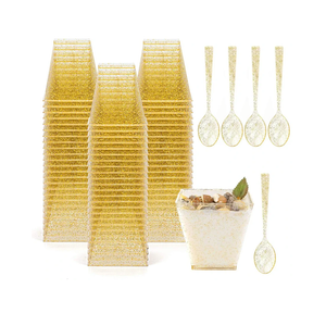 Tebery 100 Pack 8oz Gold Glitter Medium Plastic Dessert Cups With 100 Spoons Square Dessert Bowls for Tasting Party Desserts Appetizers