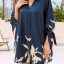 CUPSHE Women Mini Summer Dress Cover Up Oversize Floral Shirt 3/4 Sleeve Cuff Tie Button Down Beach Dresses Cover Up Top (Blue, XXL)