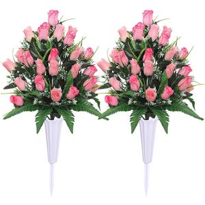 Lodou Artificial Cemetery Flowers,Outdoor Grave Decorations Roses,Arrangements Bouquet with Cemetery Vase, Silk Flowers for Long-Lasting Remembrance (Pink)