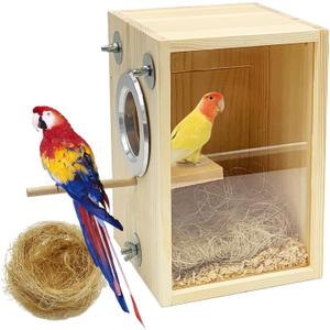 BNOSDM Parakeet Nesting Box Transparent Bird Breeding Nest Boxes Natural Wood Bird Cage House with Coconut Fiber for Small Conure Lovebirds Finch Parrot Canary (Large)
