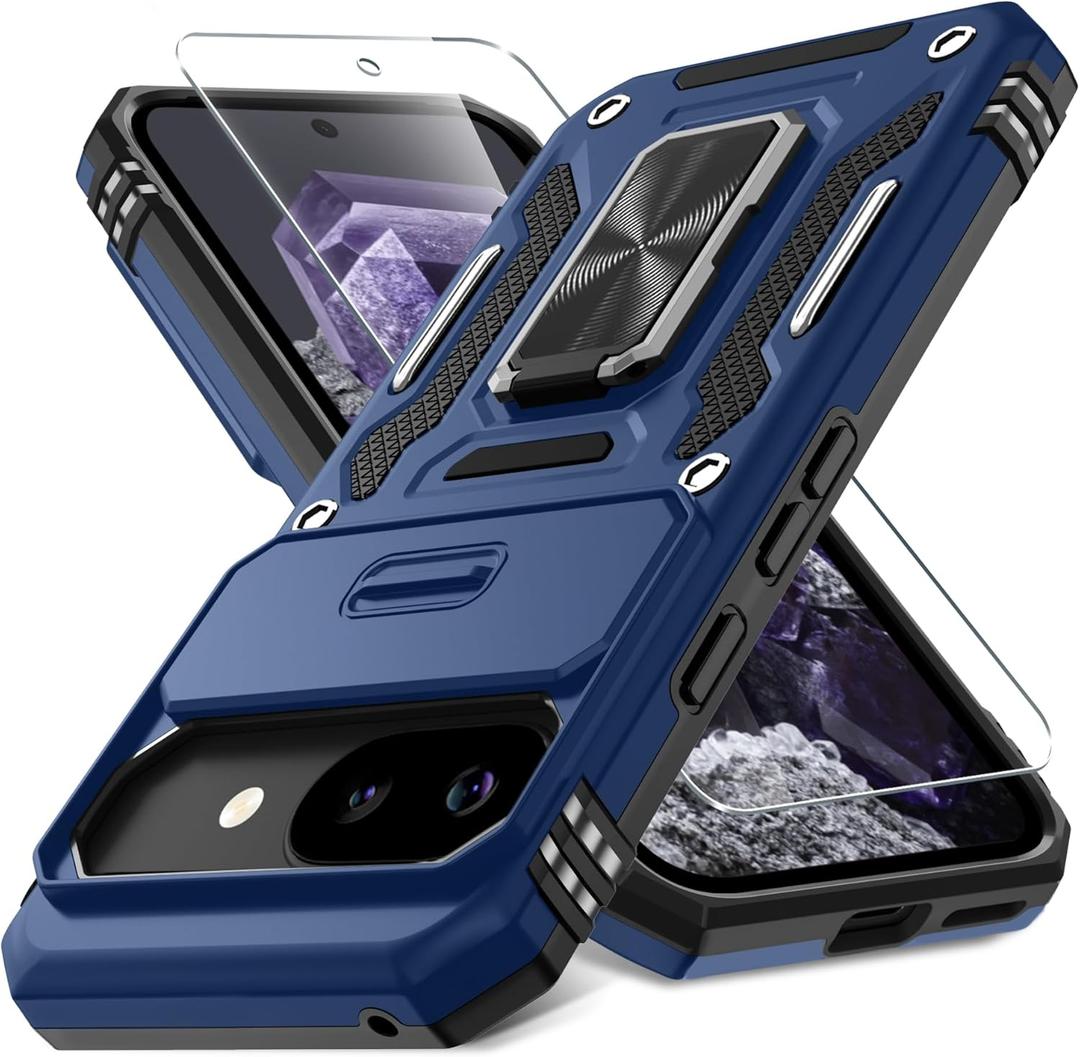 DEERLAMN Case for Google Pixel 9A with Slide Camera Cover+Screen Protector (1 Pack), Rotated Ring Kickstand Military Grade Shockproof Protective Cover-Navy Blue