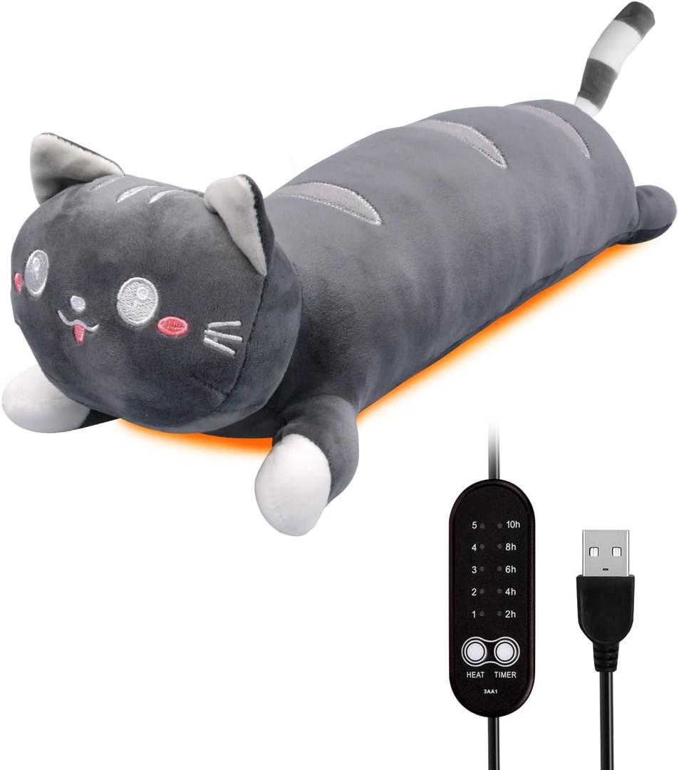 20" Grey Cat Heating Pad for Period Cramps USB Portable Electric 5 Heat Settings 5 Timer Modes Auto Shut Off Plush Stuffed Animal Warmer for Neck Back Pain Relax for Women Kids