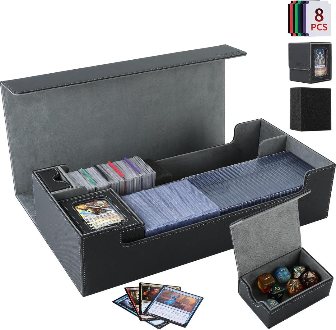 Trading Card Storage Box, 2200+ MTG Deck Box Leather Magnetic Closure Commander Deck Box, Holds 5 Small Deck Boxes, Includes 1 Small Box, 8 Dividers, 1 Foam Stopper, 1 Toploader, Black/Grey