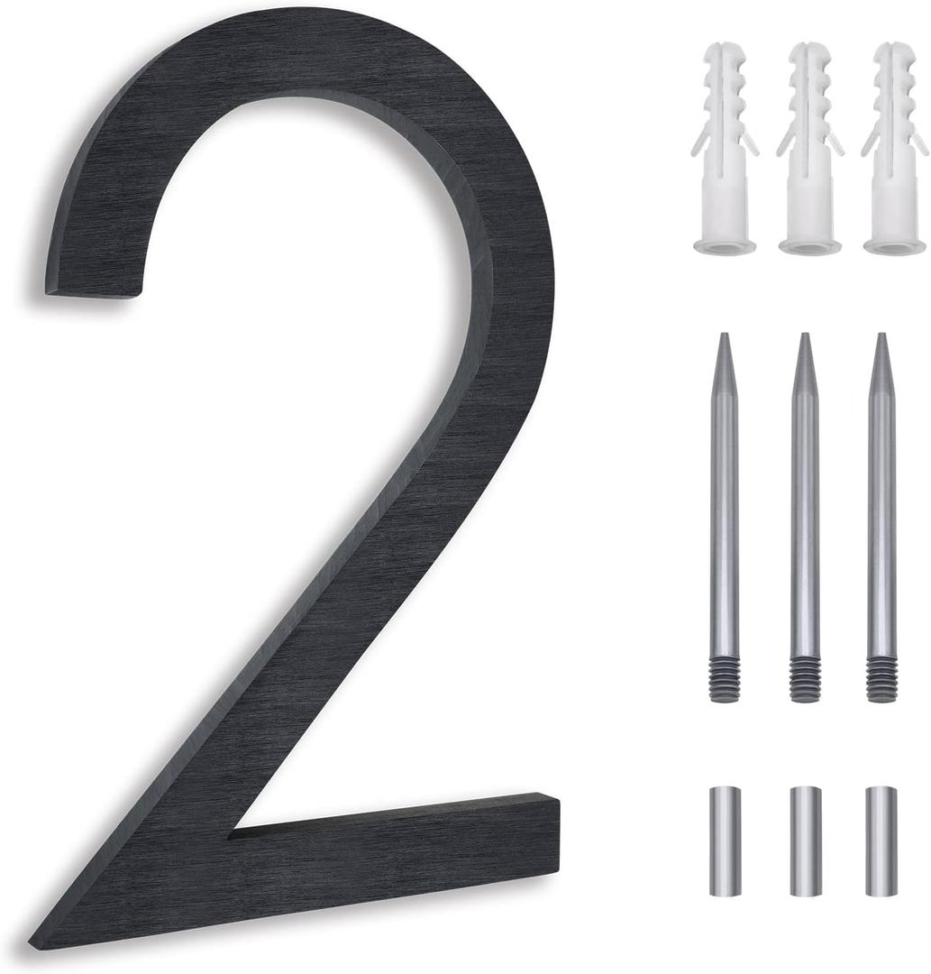 8 Inch Floating House Numbers, Address Numbers for Outside, Metal Black Large Modern House Numbers, Door Numbers for Mount Aluminum Black Number 2