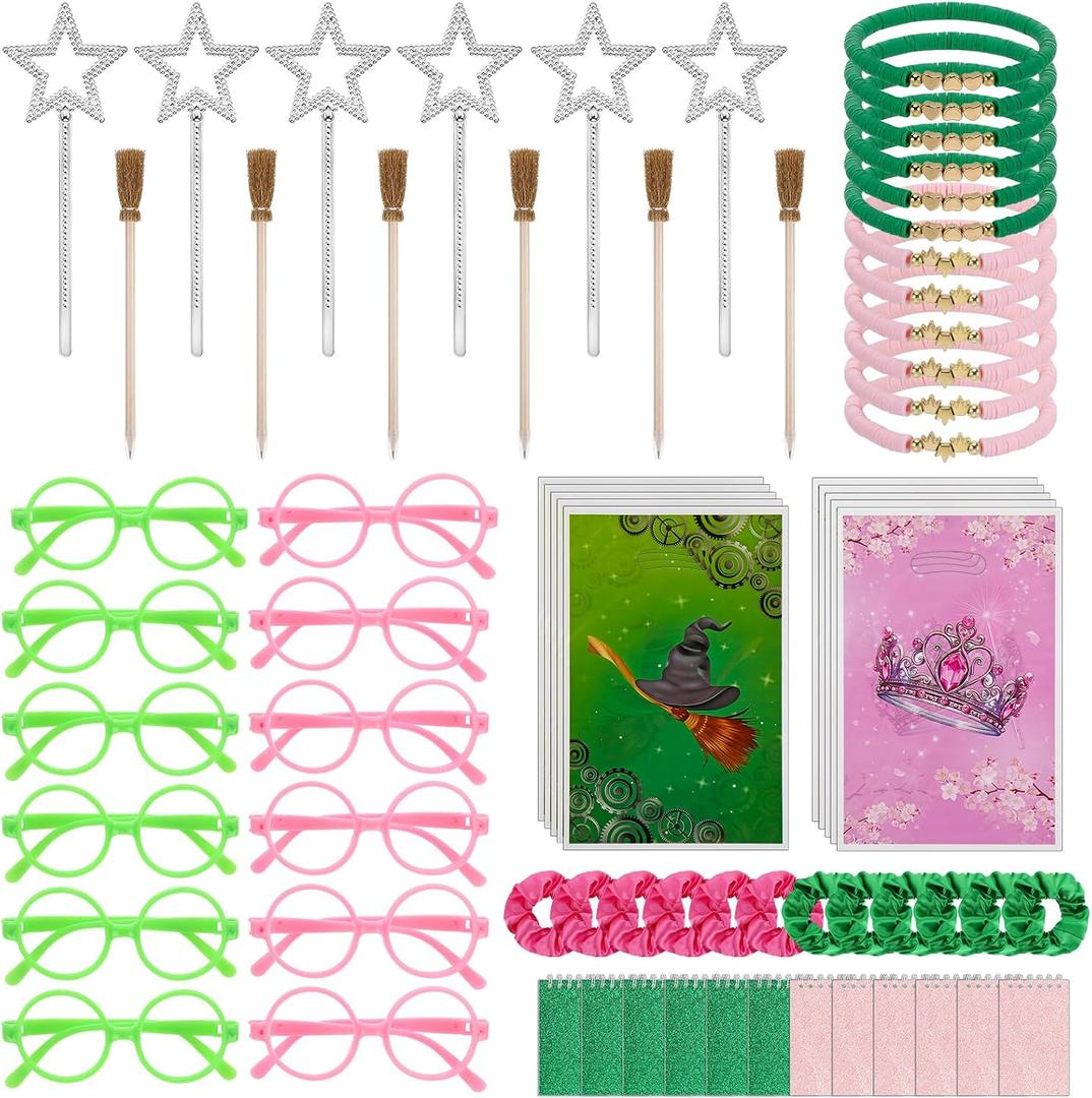 72 Pcs Witch and Princess Party Favors, Witch Broom Pens Mini Star Wands Bracelets Sunglasses Scrunchies Goodie Bags for Birthday Wicked Party Favors