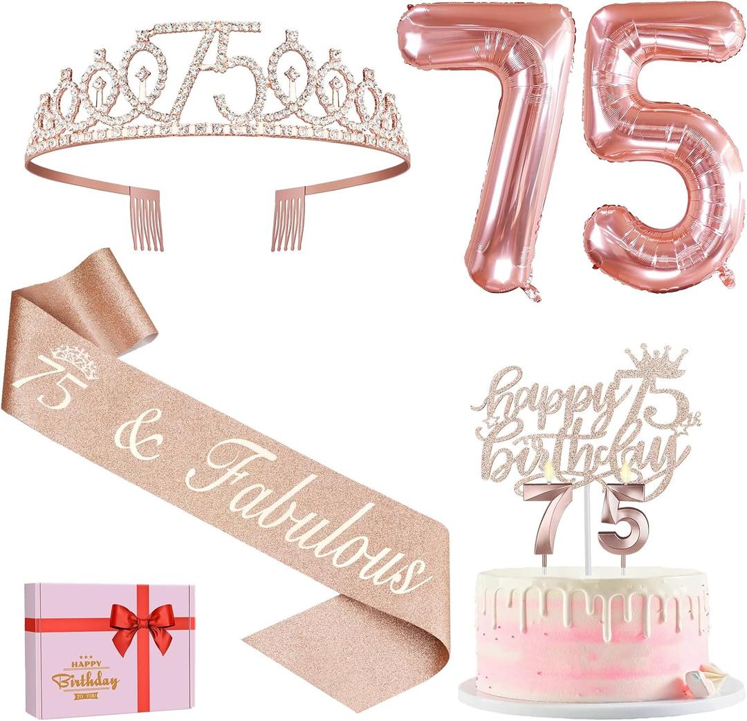 75th Birthday Decorations for Women, Including 75th Birthday Sash and Crown, Cake Topper and Candles, Number Balloons, Greeting Card, 75 Year Old Gifts for Women